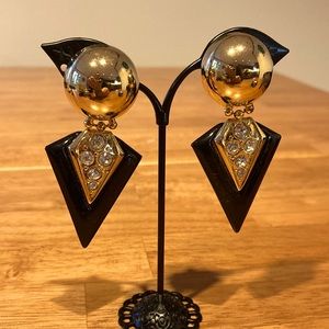 Earrings. 1980’s. Gold tone with black lucite and clear stones.